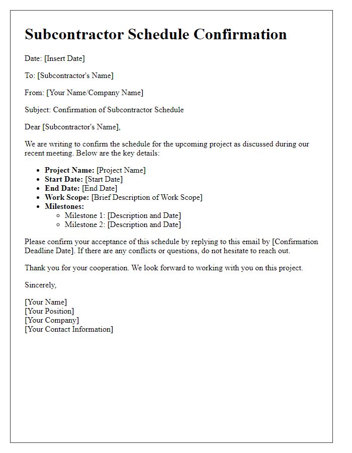 Letter template of subcontractor schedule confirmation