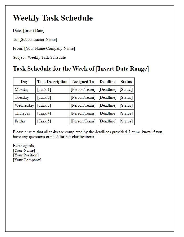 Letter template of subcontractor weekly task schedule