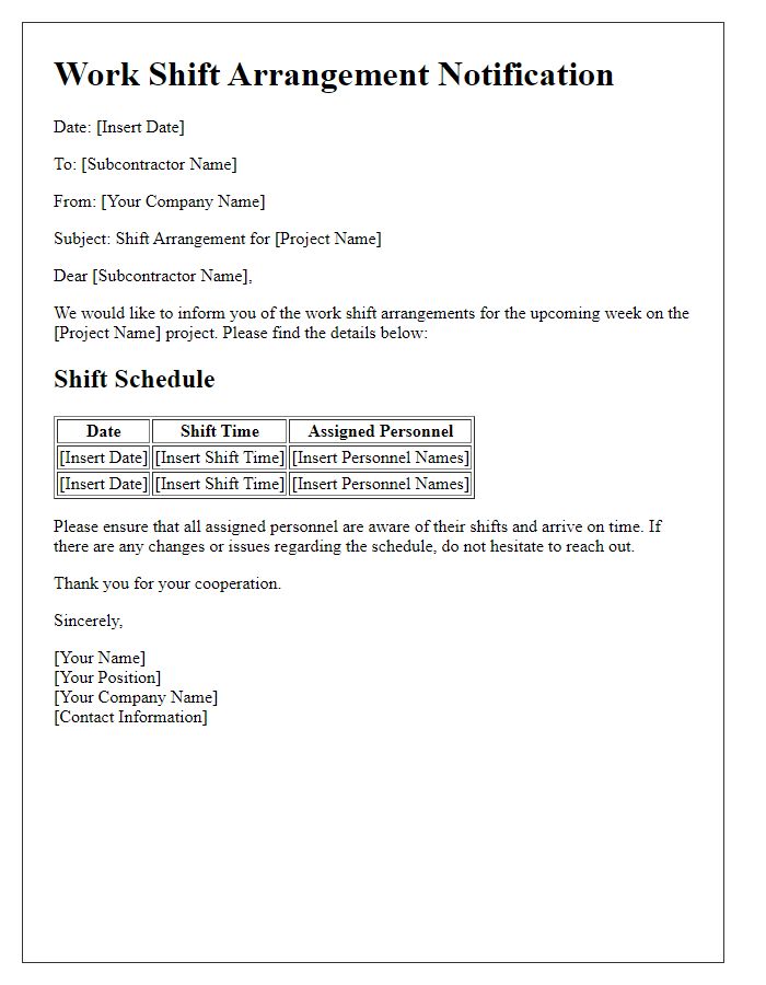 Letter template of subcontractor work shift arrangement