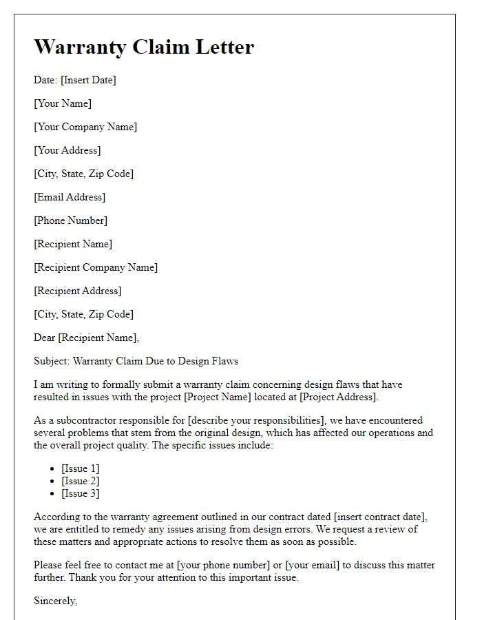 Letter template of subcontractor warranty claim due to design flaws.