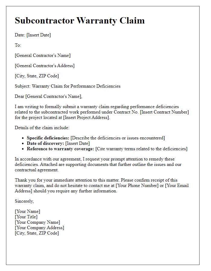 Letter template of subcontractor warranty claim for performance deficiencies.