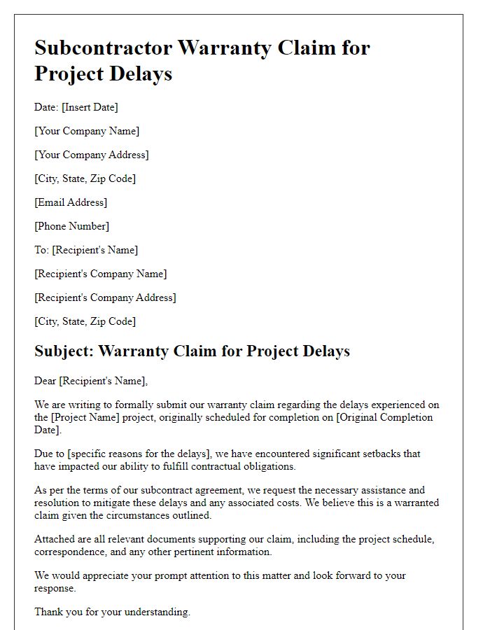 Letter template of subcontractor warranty claim for project delays.