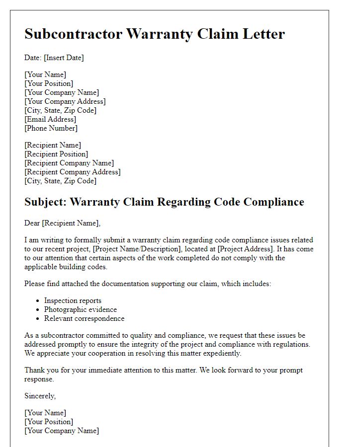 Letter template of subcontractor warranty claim regarding code compliance.