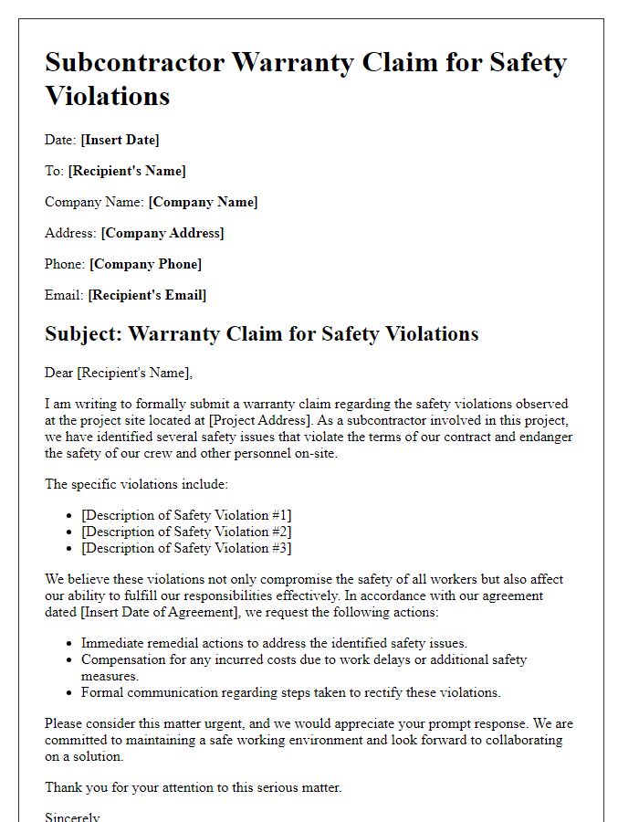 Letter template of subcontractor warranty claim for safety violations.