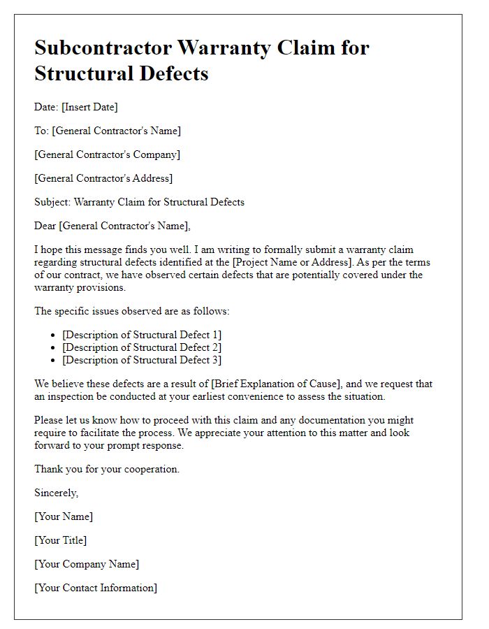 Letter template of subcontractor warranty claim for structural defects.