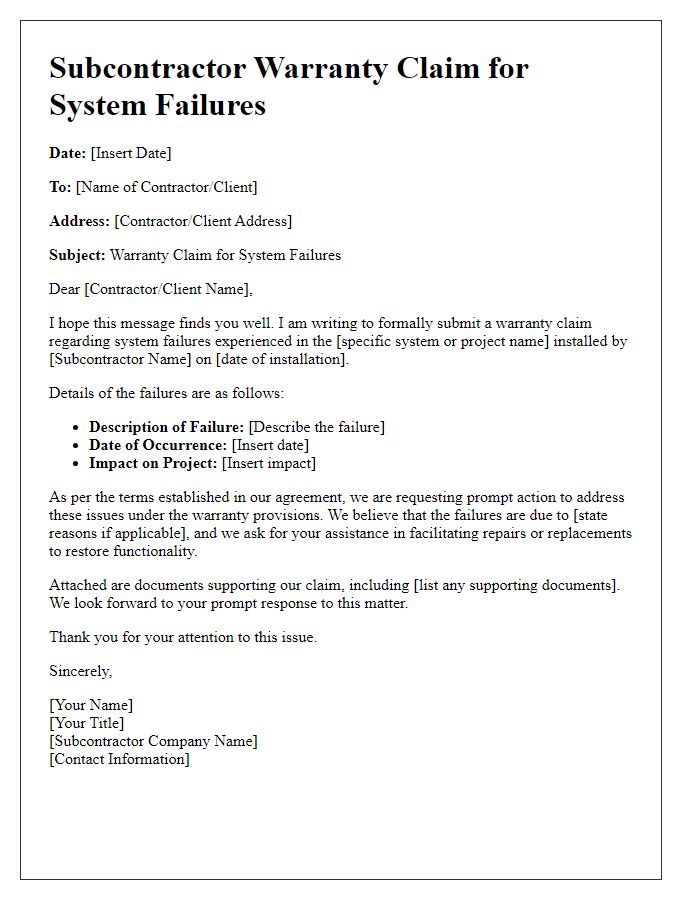 Letter template of subcontractor warranty claim for system failures.