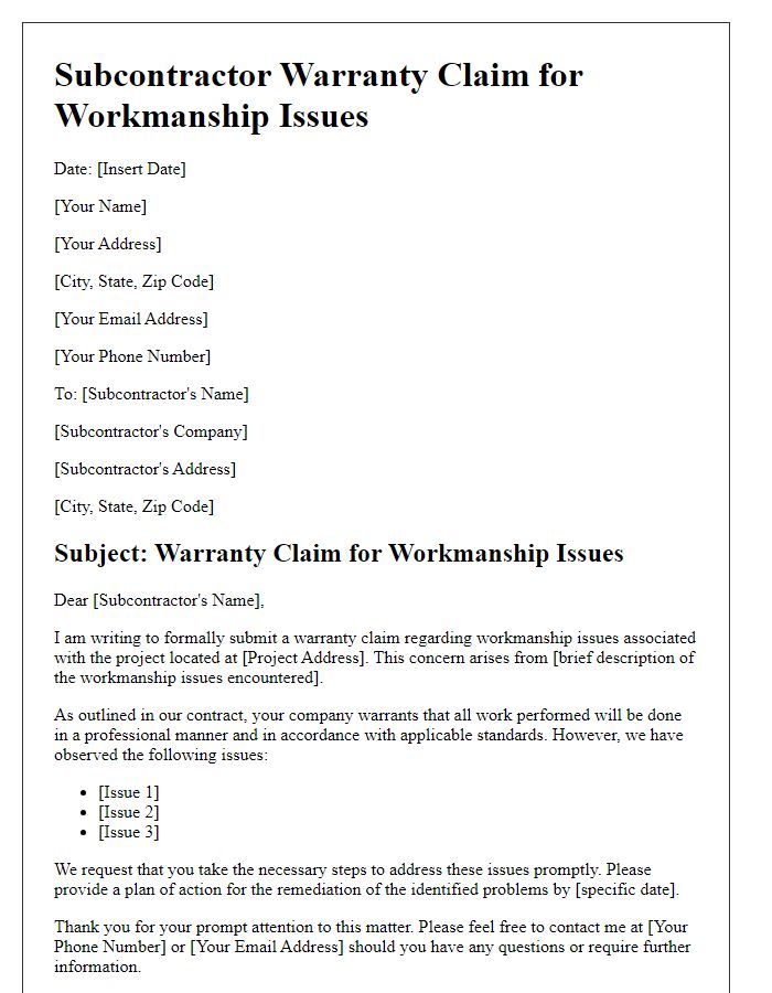 Letter template of subcontractor warranty claim for workmanship issues.