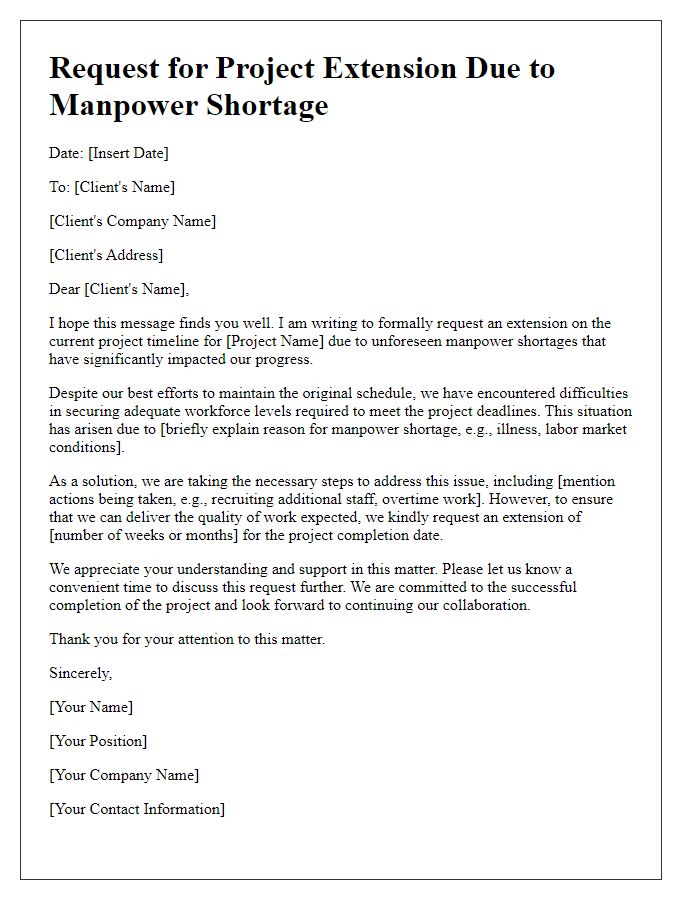 Letter template of subcontractor project extension request for manpower shortage