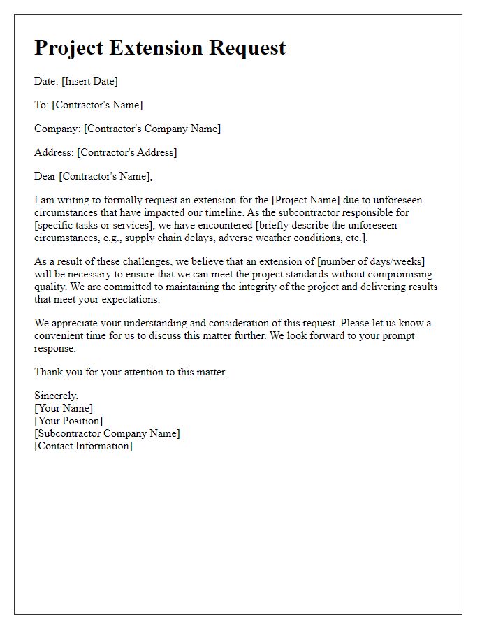 Letter template of subcontractor project extension request for unforeseen circumstances