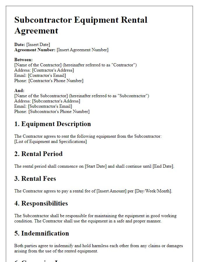 Letter template of subcontractor equipment rental agreement for construction projects.