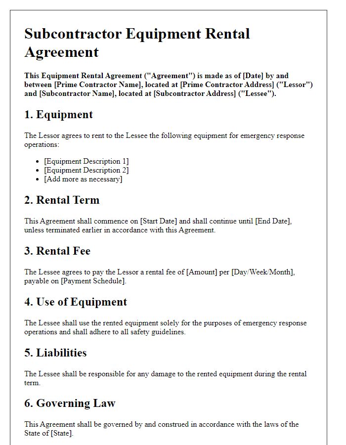 Letter template of subcontractor equipment rental agreement for emergency response operations.