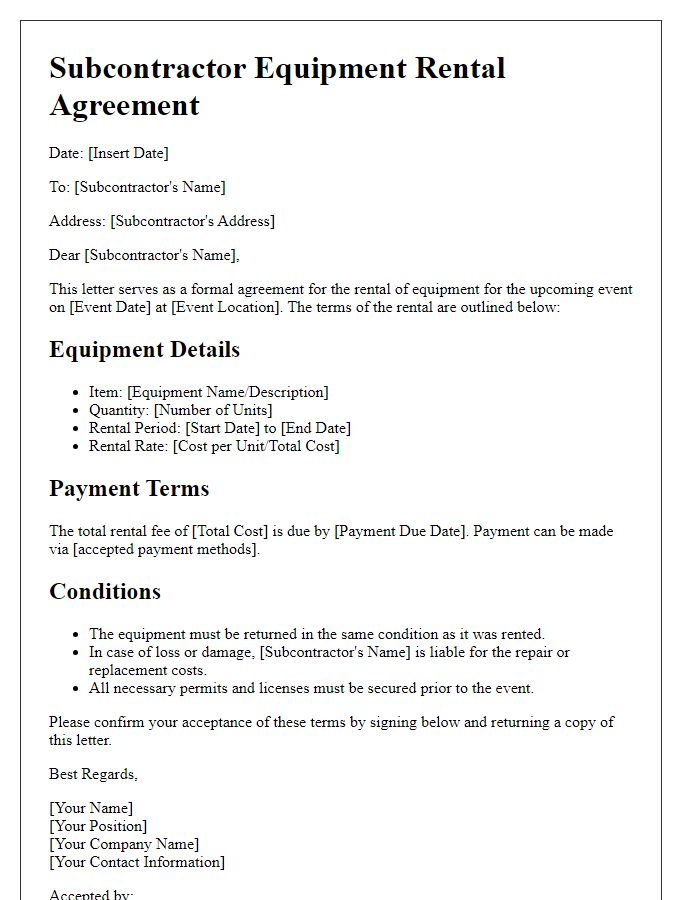 Letter template of subcontractor equipment rental agreement for event planning and management.