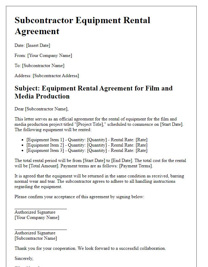 Letter template of subcontractor equipment rental agreement for film and media production.