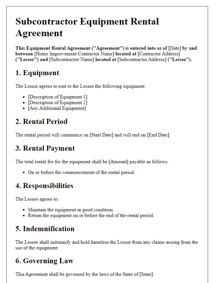 Letter template of subcontractor equipment rental agreement for home improvement contractors.