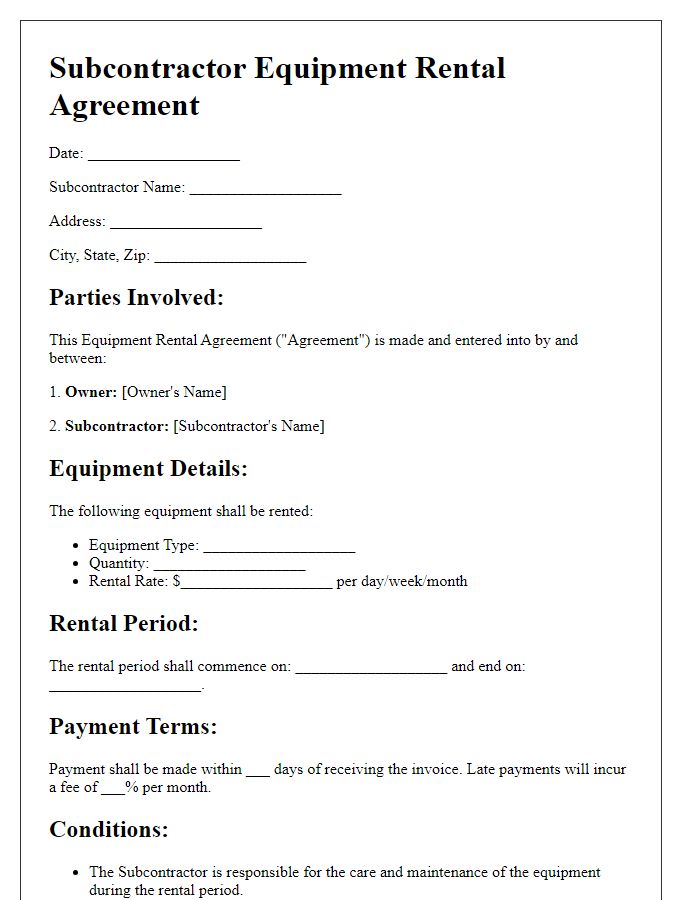 Letter template of subcontractor equipment rental agreement for landscaping services.