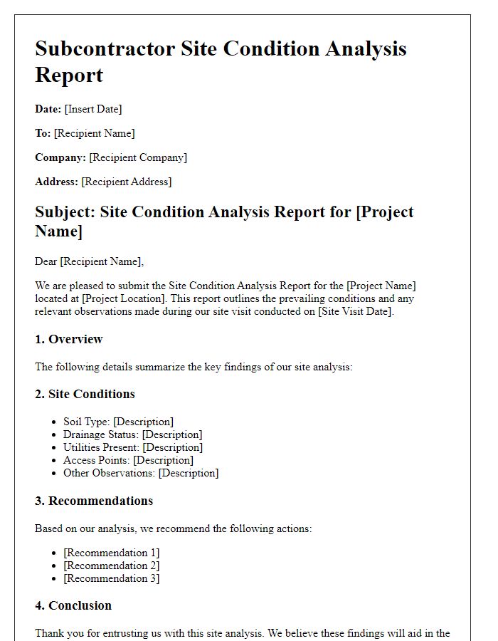 Letter template of Subcontractor Site Condition Analysis Report