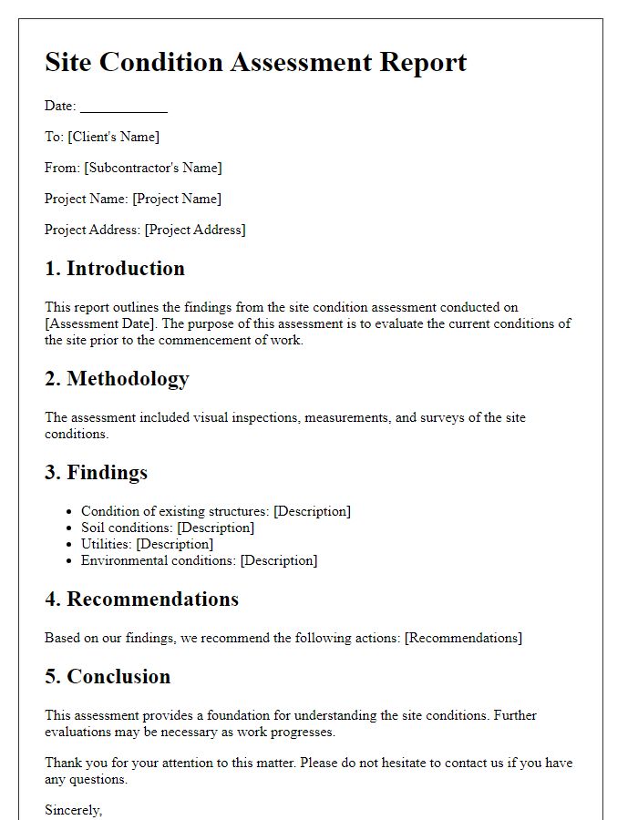 Letter template of Subcontractor Site Condition Assessment Report