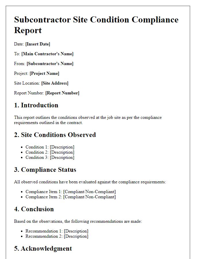 Letter template of Subcontractor Site Condition Compliance Report