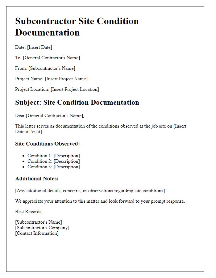 Letter template of Subcontractor Site Condition Documentation