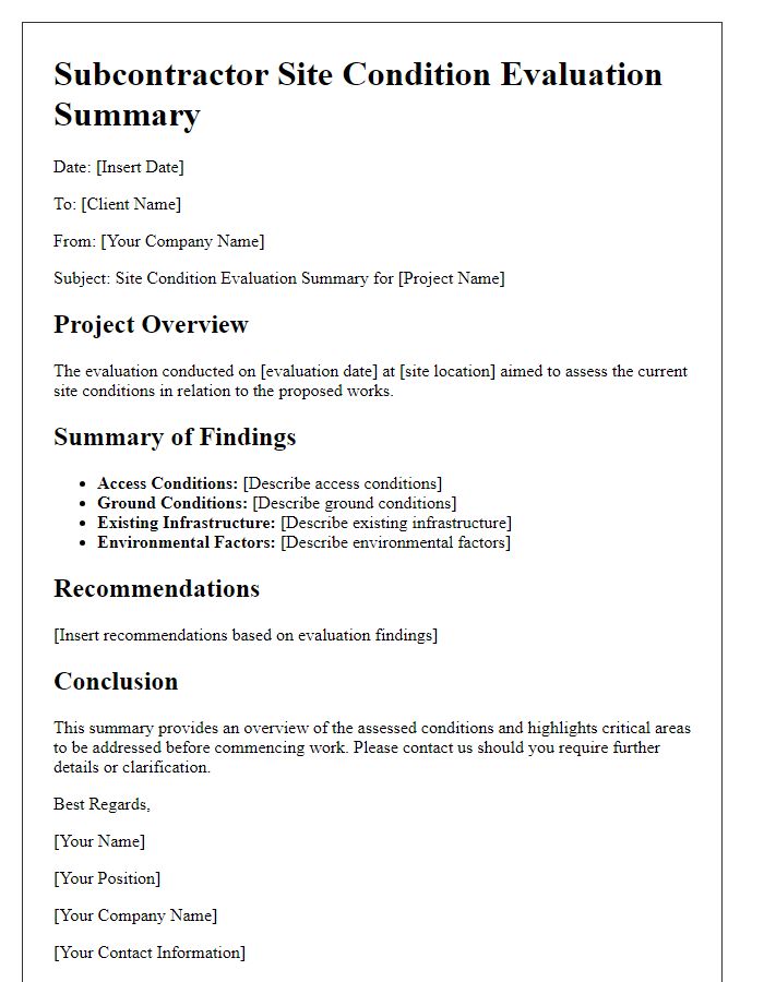 Letter template of Subcontractor Site Condition Evaluation Summary