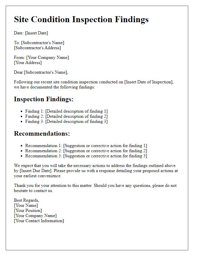 Letter template of Subcontractor Site Condition Inspection Findings