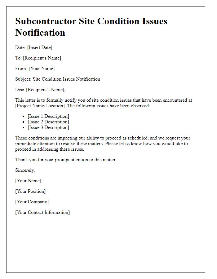 Letter template of Subcontractor Site Condition Issues Notification