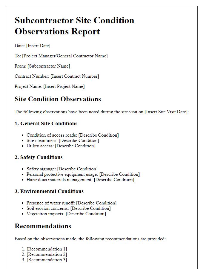 Letter template of Subcontractor Site Condition Observations Report