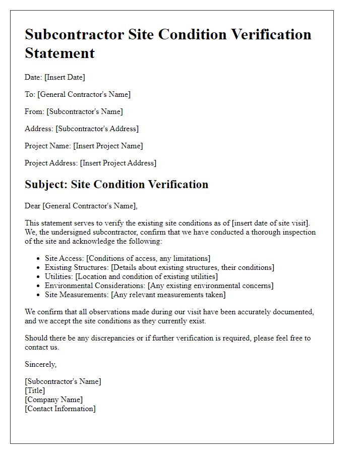 Letter template of Subcontractor Site Condition Verification Statement