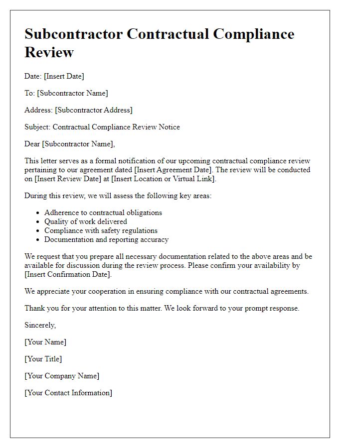 Letter template of subcontractor contractual compliance review