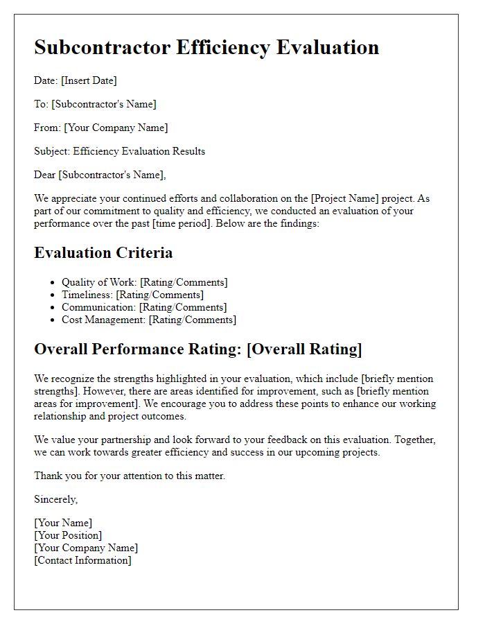 Letter template of subcontractor efficiency evaluation