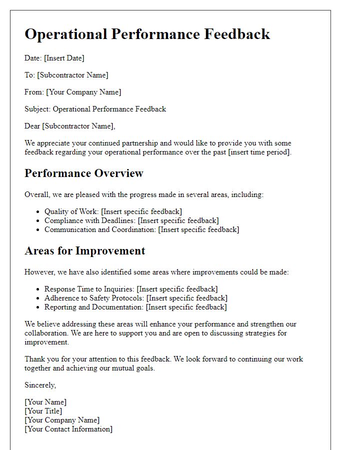 Letter template of subcontractor operational performance feedback