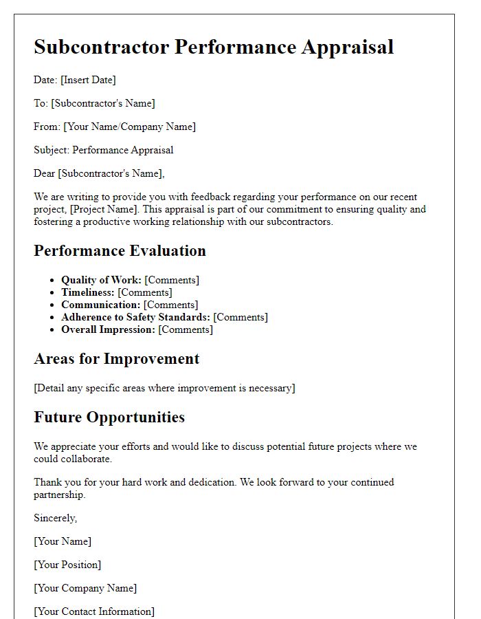 Letter template of subcontractor performance appraisal