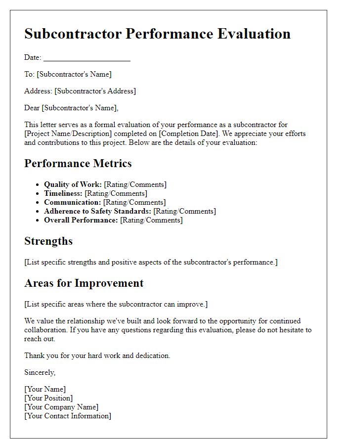 Letter template of subcontractor performance evaluation