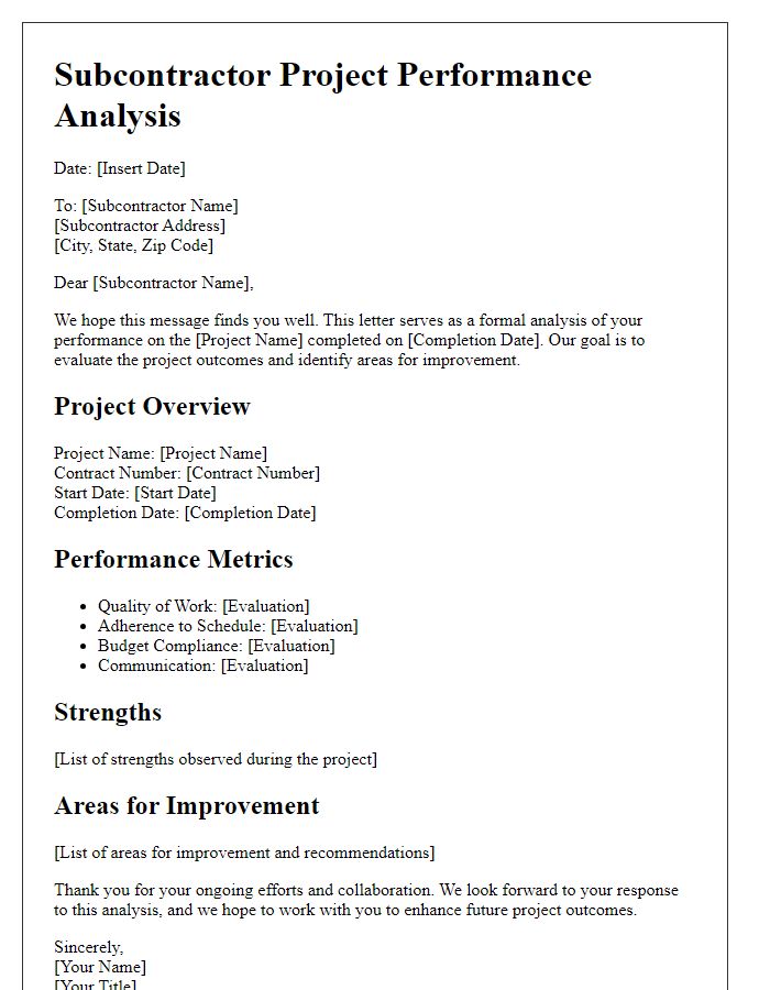 Letter template of subcontractor project performance analysis