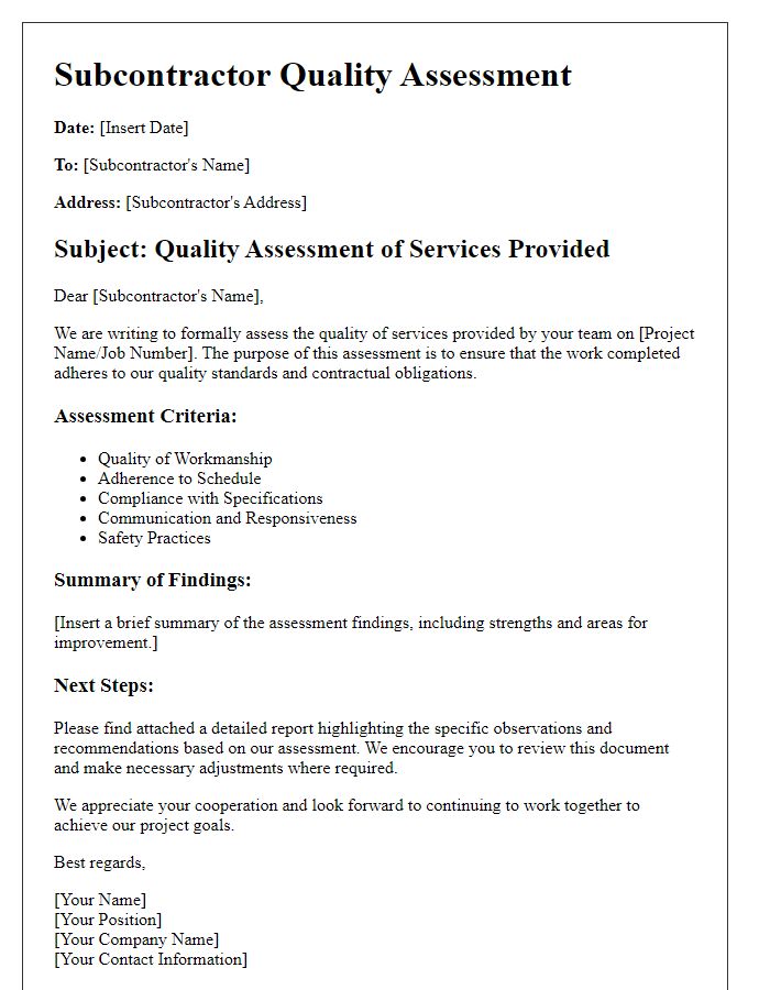 Letter template of subcontractor quality assessment