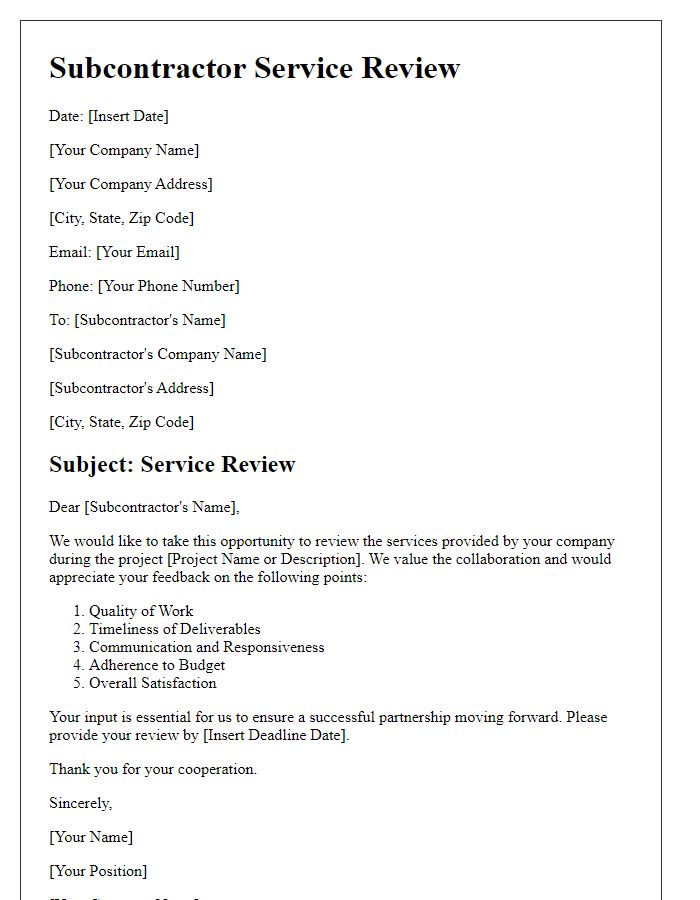 Letter template of subcontractor service review