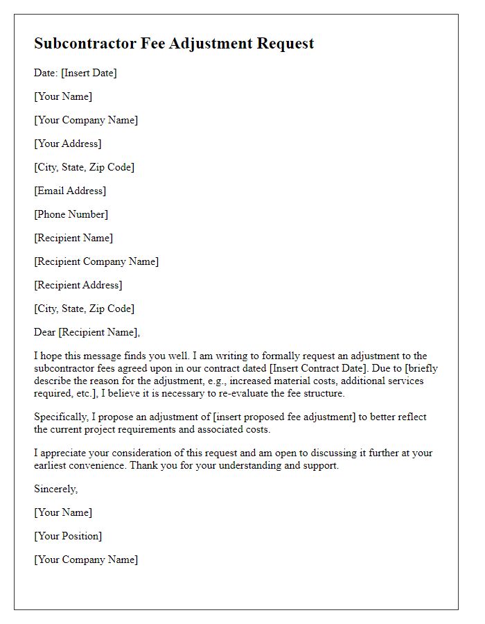 Letter template of subcontractor fee adjustment request