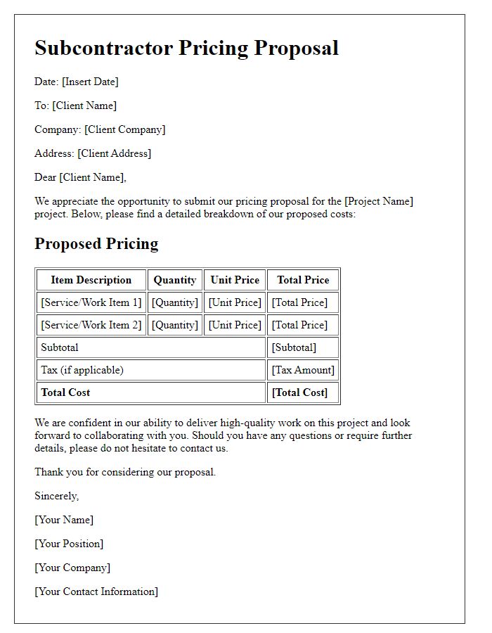 Letter template of subcontractor pricing proposal