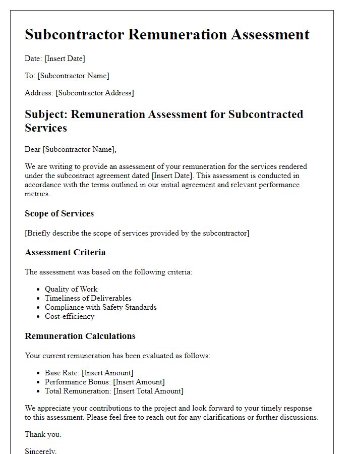 Letter template of subcontractor remuneration assessment