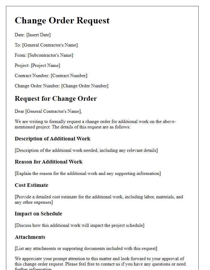 Letter template of subcontractor change order request for additional work.