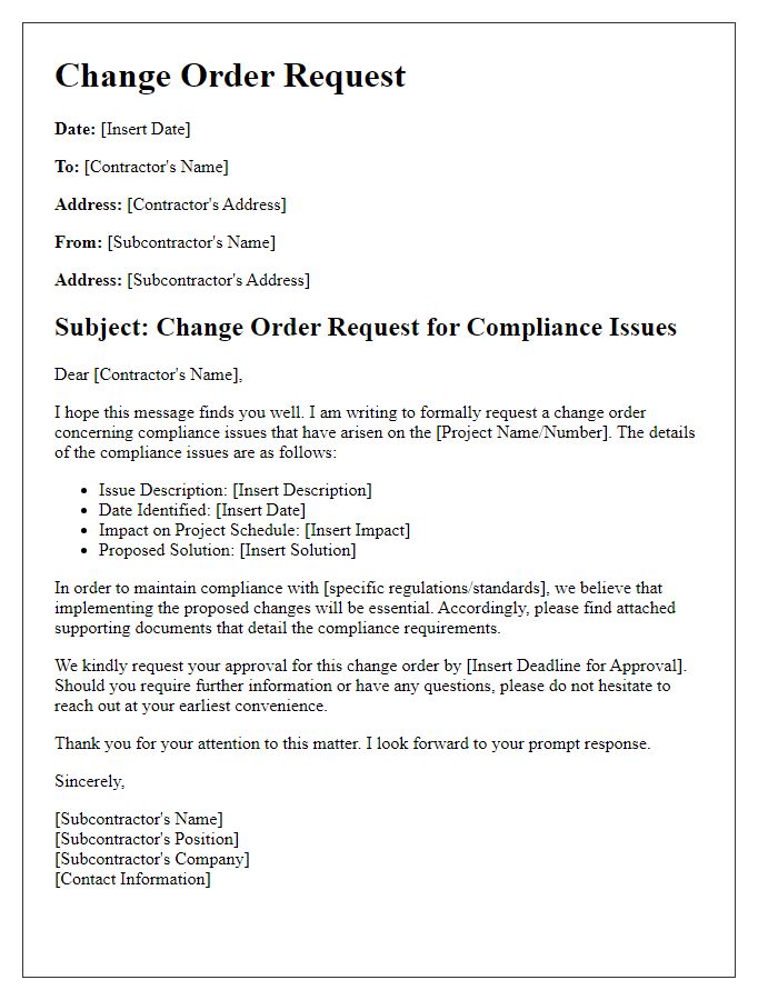 Letter template of subcontractor change order request for compliance issues.