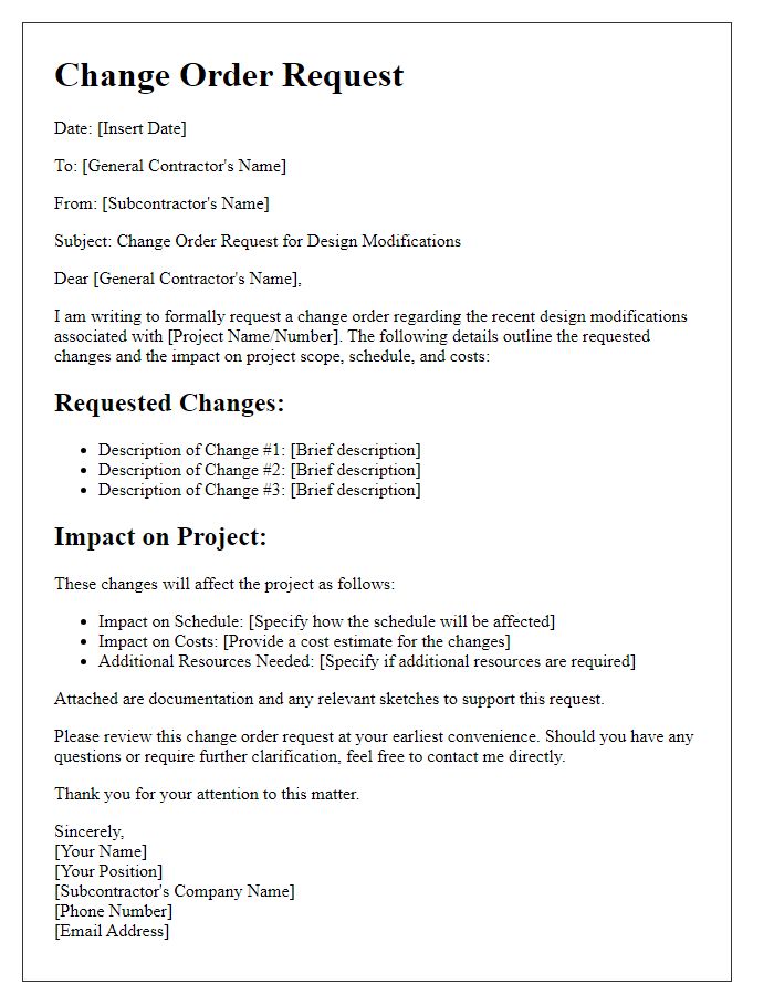 Letter template of subcontractor change order request for design modifications.