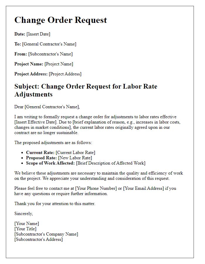 Letter template of subcontractor change order request for labor rate adjustments.