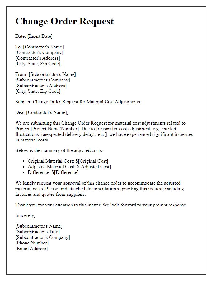 Letter template of subcontractor change order request for material cost adjustments.