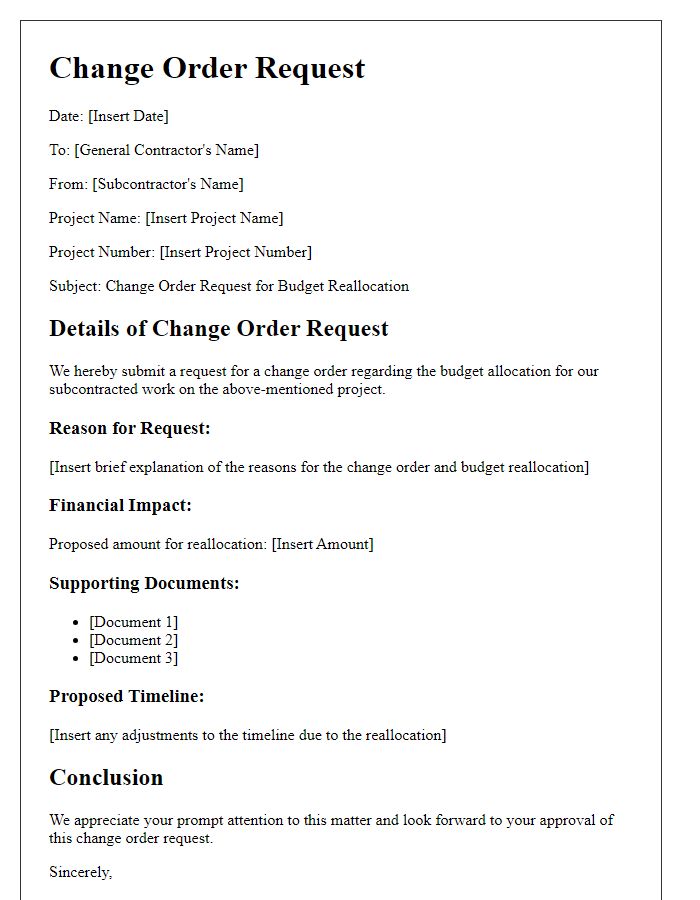 Letter template of subcontractor change order request for project budget reallocation.