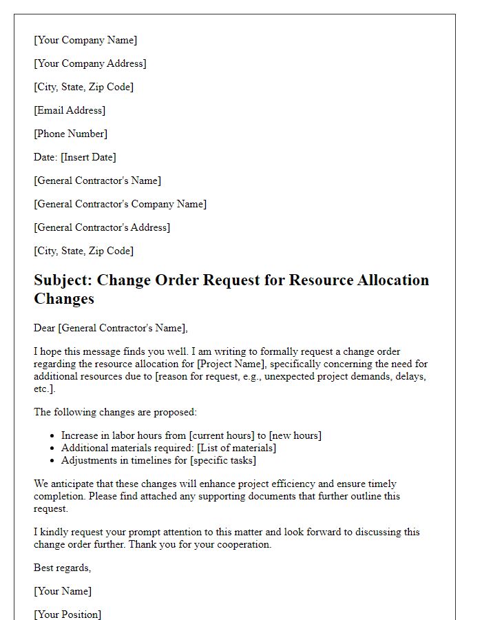 Letter template of subcontractor change order request for resource allocation changes.