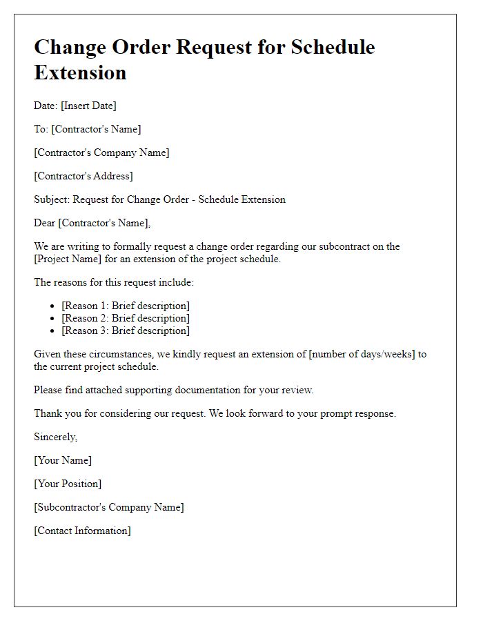 Letter template of subcontractor change order request for schedule extension.