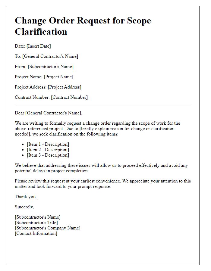 Letter template of subcontractor change order request for scope clarification.