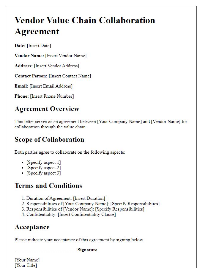 Letter template of agreement for vendor value chain collaboration