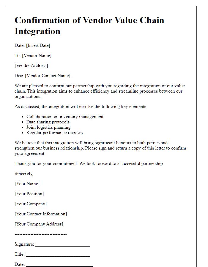 Letter template of confirmation for vendor value chain integration